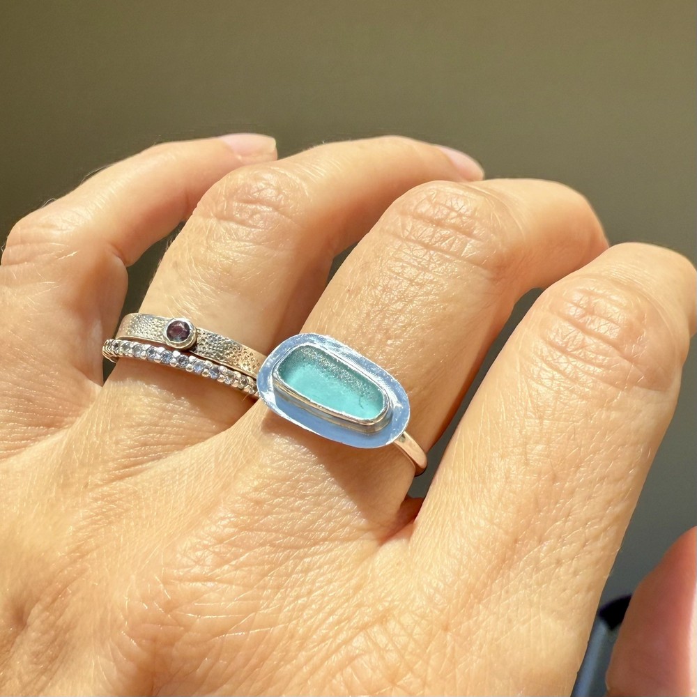 Aqua Teal Genuine Caribbean Sea Glass Sterling Silver Ring Size 8