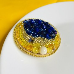 Crescent moon beaded brooch, Embroidered celestial brooch, Moon face jewelry