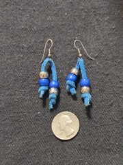 Silver Tone Blue Pony Bead and Suede Tassel Statement Earrings