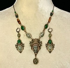 Deco Egyptian Revival Necklace Set, Neiger Style Glass Pharaoh, Green, Bronze