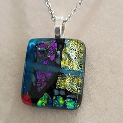 Hand Crafted Fused Dichroic Glass Pendant Necklace W/ Chain #1778