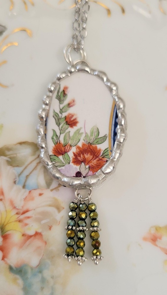 Broken China Orange Botanical Flowers Soldered Pendant Necklace