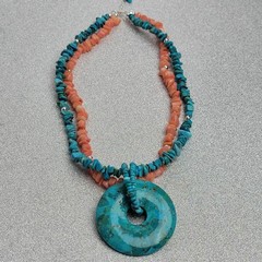 Turquoise, Spiny Oyster & Sterling Silver Beaded Necklace w/Disc Pendant 15-17″