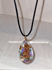 Handmade Artisan Fused Glass Teardrop 16″ Necklace Gold Pink Blue w/ Black Cord