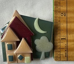 Nighttime moon and tree teal and maroon House Pins by Lucinda Brooch