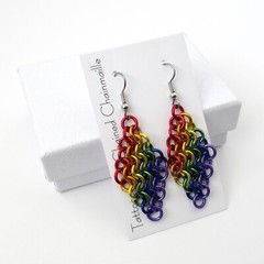 Rainbow gay pride earrings, handmade chainmail Euro 4 in 1 weave, LGBTQ jewelry