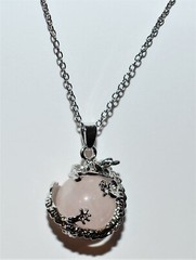 Rose Quartz Pendant Necklace Artisan Ornate Dragon Lizard Pink Sphere Gemstone