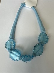 Blue Glass Leaf Necklace 18” Hand Carved Twine Closure