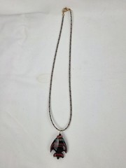 1 1/2″ Lampwork Fish Art Glass Pendant Necklace Beaded Chain 20” Black Gray Red