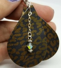 Bronze Leopard Print Teardrop Shaped Leather Earrings with Swarovski Crystals