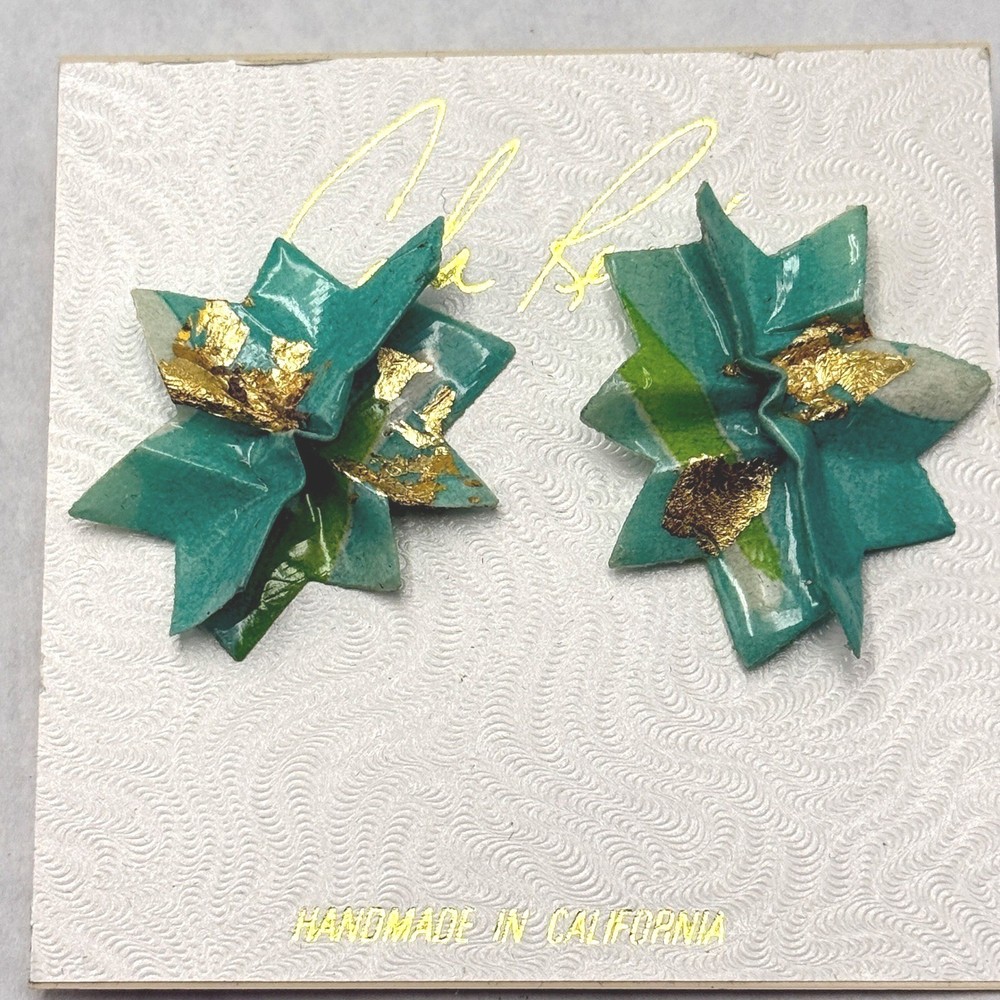 Vintage Handmade California Paper Flower Earrings Teal Gold Leaf Pierced