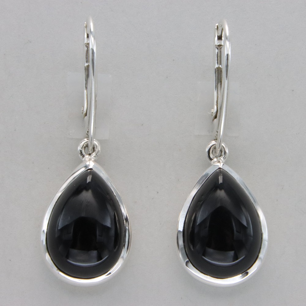 925 Sterling Silver – Black Onyx Teardrop Leverback Pear Dangle Earrings #64