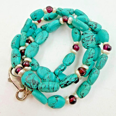 Handmade Turquoise Necklace W Pearl Ruby Red Accents 925 Sterling Silver Clasp