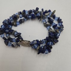 Vintage Blue Sodalite Chips Beads Three Strand Chunky Bracelet Box Clasp 8″