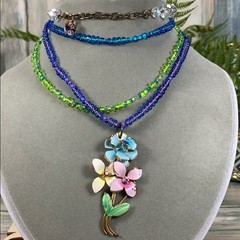 Adorned Crown artisan assemblage enamel flower glass bead 3 strand necklace