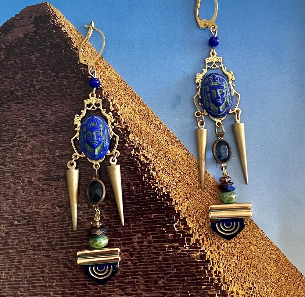 Handcrafted Egyptian Revival Earrings, Pharaoh, Tut, Czech Glass, Blue, Green