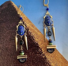Handcrafted Egyptian Revival Earrings, Pharaoh, Tut, Czech Glass, Blue, Green