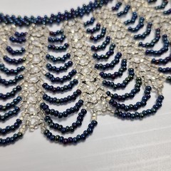 Artisan 18″ Scallop Iridescent Blue Silver Glass Seed Bead Collar Bib Necklace