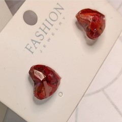 Red Coral Heart Shaped Stud Earrings Handmade Resin Encased Stone Chips