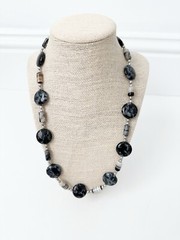 NWT Genuine Jasper, Agate & Pearl Beaded Necklace Gray Black Silver