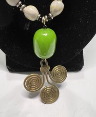 Green, Cream And Black Bead Bronze Color Medallion Pendant 22” Necklace