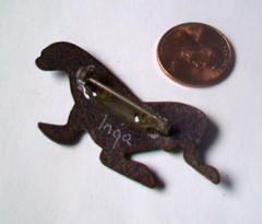 Enamel on Copper Pin Brooch -SIGNED INGA- SEAL SHAPE – BLACK/WHITE COLORS