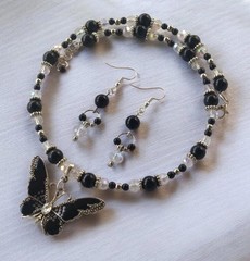 Handcrafted Black Silver Beaded Memory Wire Butterfly Choker Earring Set
