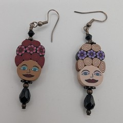 Handmade Polymer Clay Face Earrings Mismatched Folk Art Floral Dangle Whimsical