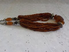 Brown Glass Tube & Resin Bead Necklace Silver Tone Metal Multi Strand