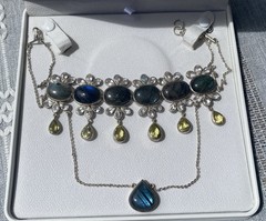 Sri Lanka Natural Blue Moonstones, Labradorite, White Crystals, Yellow Choker