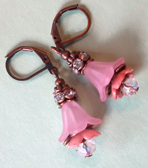 PINK PEACH acrylic FLOWER with CRYSTAL ring earring COPPER color LEVER BACK XX