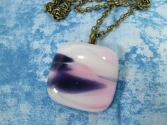 Handmade Fused Glass Pendant w/ 24″ Antiqued Brass Tone Cable Necklace / 2N