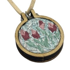 Pink Floral Hand Embroidered Pendant Necklace Boho 17” Handcrafted Statement