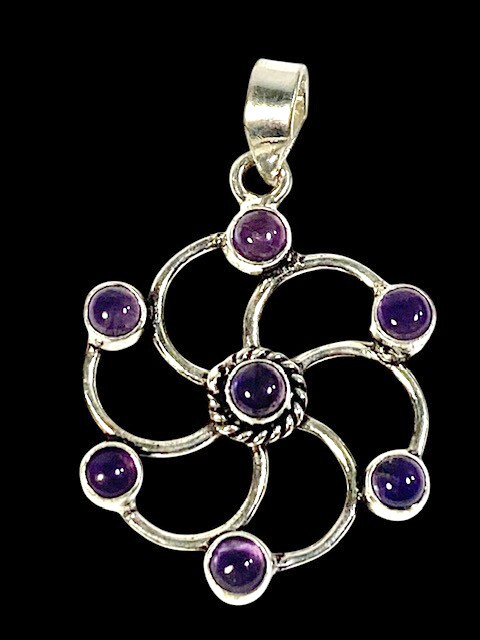 Amethyst Pendant 7 Gemstones Mandala Swirl Round Handcrafted 1.68″- 3.9 grams