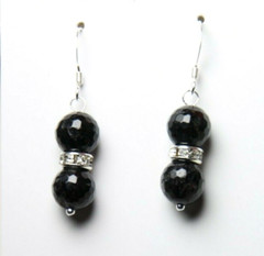 Rutilated Quartz Earrings Black Ball Gemstone & Rhinestone .925 Sterling Silver