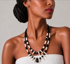 Handmade Haiti Black & White Bone and Horn 3 Tiered Bead Necklace 14″ NEW
