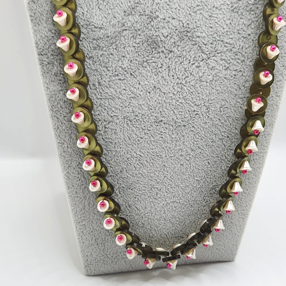 Artisan Statement Necklace White Bell Flower Olive Disc Wearable Art Long 30in