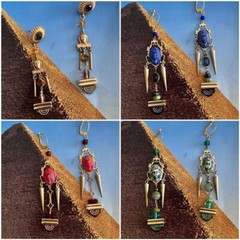 Handcrafted Egyptian Revival Earrings, Pharaoh, Tut, Czech Glass, Green, Gold