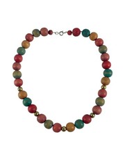 Handcrafted Matte Wood Beaded Necklace Red Green Brown Brass Spacers