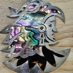 Taxco Mexico Sterling Silver and Abalone Aztec Warrior Chieftan Brooch & Pendant