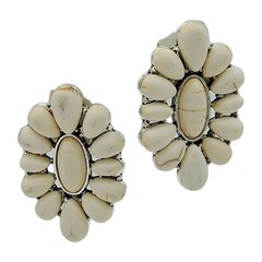 White Howlite Style Oval Cluster Earrings Silver Tone Post Back 1.25″