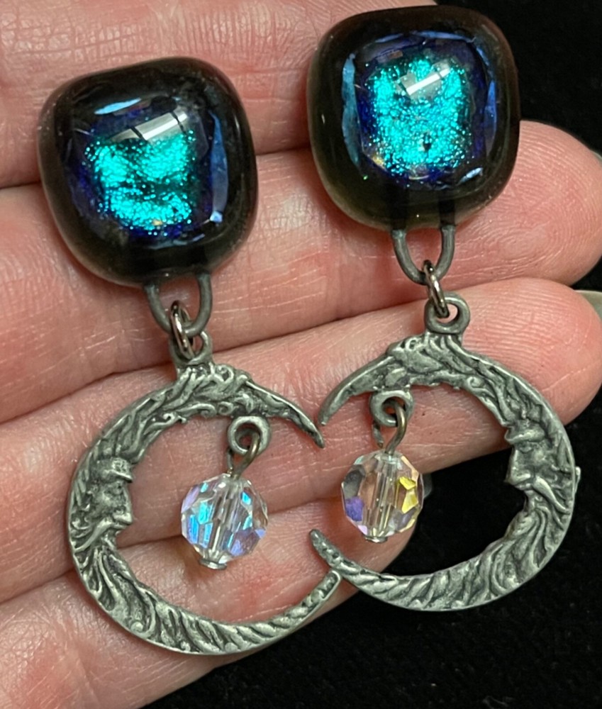 Art glass pewter magic moon face dangle crystal earrings artesian jewelry