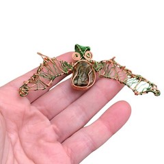 Natural Dragon Bloodstone Copper Wire Wrap Bat Pendant Handmade Gothic Gift
