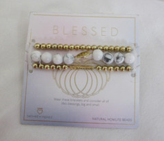 beloved + inspired Blessed Bracelet Set Natural Howlite Beads Gold Cross Stretch
