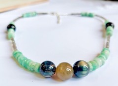 Black Tiger Eye 12 MM Round & Amazonite Gemstone Fancy 20 Inch Necklace . Nk-014
