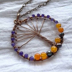 Handmade Tree of Life Necklace Copper Beaded Amethyst Orange Jade