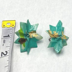 Vintage Handmade California Paper Flower Earrings Teal Gold Leaf Pierced