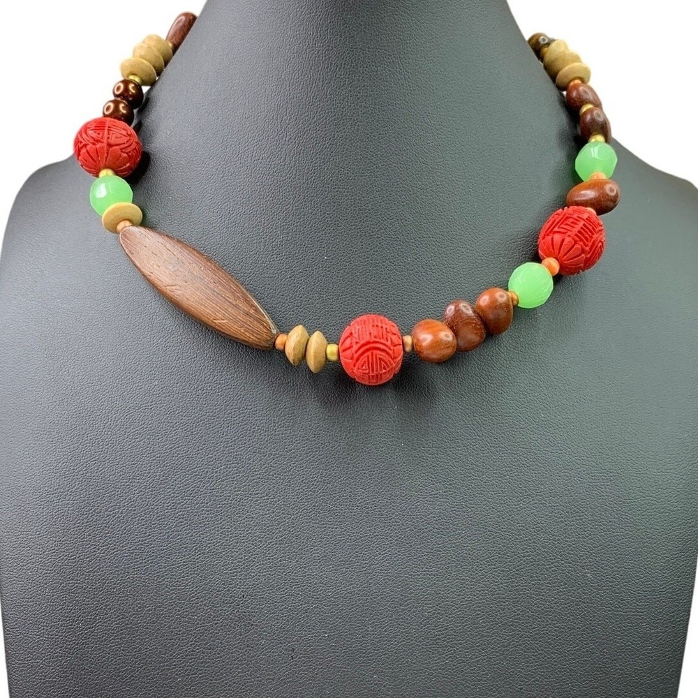 Boho Artisan Choker – Carved Cinnabar, Wood & Jade Green Glass