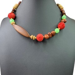 Boho Artisan Choker – Carved Cinnabar, Wood & Jade Green Glass