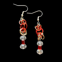 Red & Silver Tone Chainmaille w/Red & Clear Crystals Earrings, 2.25 in.